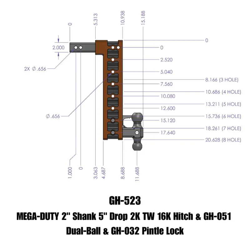 Gen-Y Mega Duty 2In Shank 5In Drop 2K Tw 16K Hitch W/Gh-051 Dual-Ball/Gh-032 Pintle Lock 1